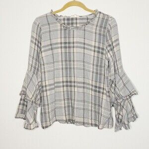 Pleione Plaid Bell Sleeve Ruffle Blouse Grey White Boho Size Medium